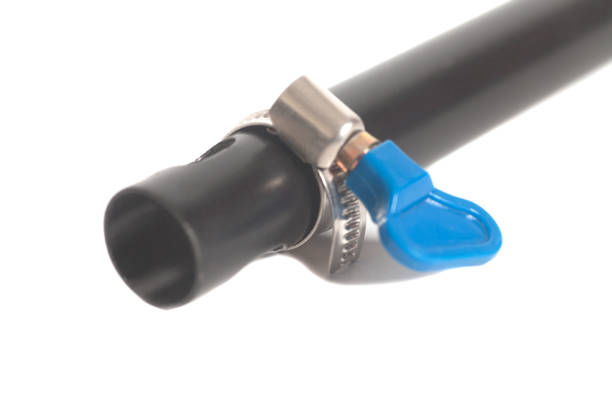 Hose clamp on metal tube isolated on white background